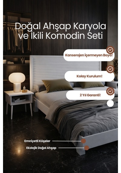 Alaz Yatay Başlıklı Masif Ahşap Karyola Ve 2 Adet Beyaz 90x200