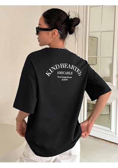 Flood Of Style Kadın Siyah Kind Hearted Baskılı Oversize T-shirt