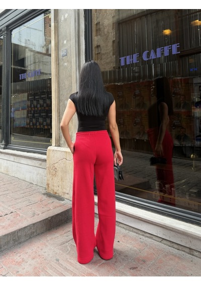 Out Of Standart Kadın Wide-leg Kalıp Beli Lastikli Kordon Detaylı Eşofman Altı Kırmızı