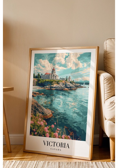 Victoria Canada Vintage Seyahat Posteri Çerçeveli Tablo - Premium Parlamento Elit Duvar Dekoru Kayın