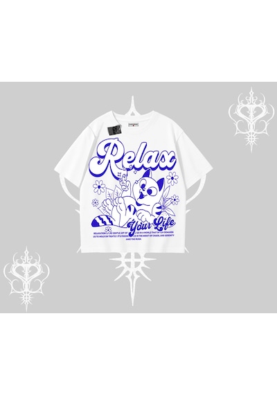 Tarzsokak Relax Kedi Baskılı Oversize Tshirt Beyaz
