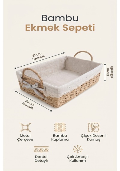 Bambu Ekmek Sepeti, 31x20x10 Cm, Dantelli Çiçek Desenli Kumaş, Metal Çerçeve Kahverengi