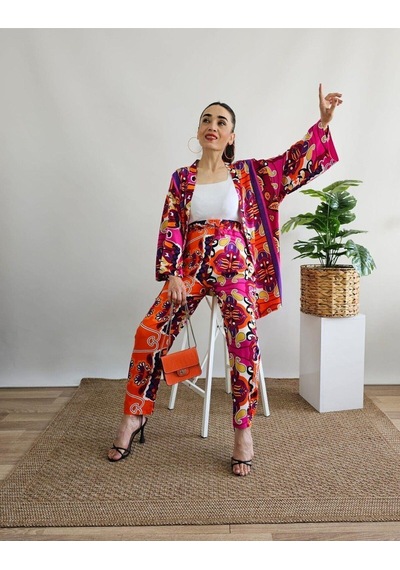 İpli Fuşya Renk Etnik Desenli Viskon Kumaş Kimono Takım Fuşya
