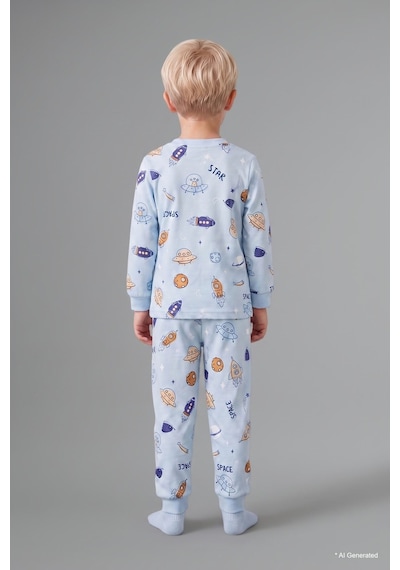 Defacto Baskılı Uzun Kollu Üst Elastik Bel Alt 2li Pijama Takımı Erkek Bebek H6540a526aube343 Mavi-be343