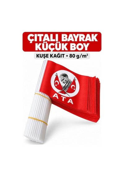 Atatürklü Çıtalı Bayrak Kağıt 20x12 Cm 20 Adet Atalı Bayrak Çıtalı Sopalı Küçük Bayrak Plastik Çubuklu Bayrak Bayram 1