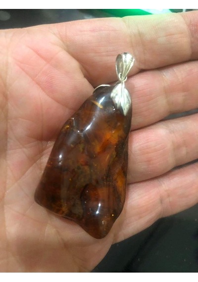 Doğal Kaya Damla Kehribar Kolye Ucu Otantik Gümüş Aparatlı 11,8 Gram