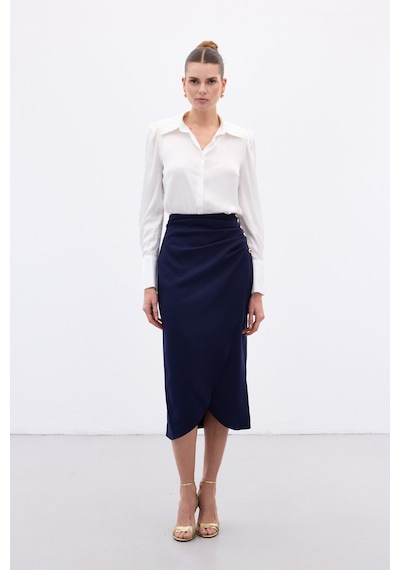 Sateen Düğme Detaylı Kalem Etek - Lacivert-136779 Lacivert