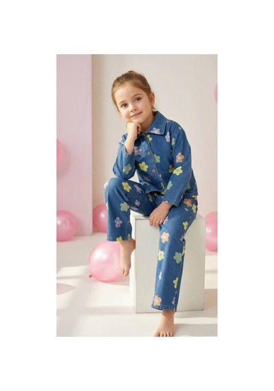 Poala Kids Çiçekli Kot Takım Çok Renkli