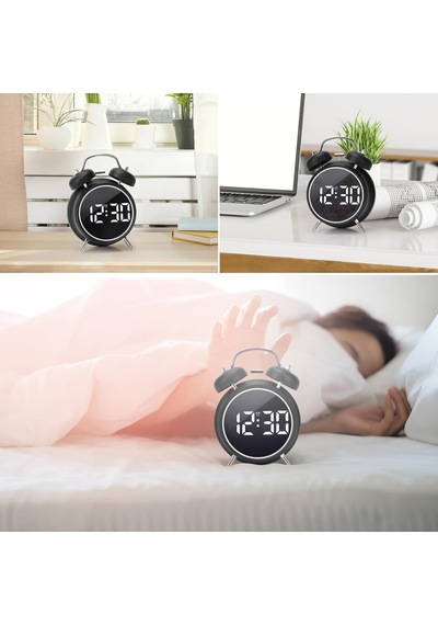 Çift Çanlı Dijital Alarm Saati 70db Yüksek Sesli, Led Ekranlı, Sıcaklık Ve Tarih Gösterimli, Sessiz Çalışma, Gece Işıklı, Sesle Kontrol, Retro & Modern Tasarım Hl-8891a - Siyah Diğer