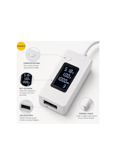 Dijital Led Göstergeli Usb Voltmetre Ampermetre Test Cihazı - Akım Ve Voltaj Ölçer