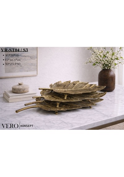 Vero Konsept Antik Gold Yaprak Formlu 3 Lü Dekoratif Tepsi Seti Vr-st04 - Şık Sunum