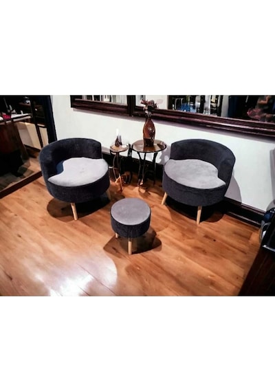 Çay Seti İkili Koltuk Berjer Ve Puf Takımı Salon, Balkon, Ofis 3 Lü Takım Gri Siyah