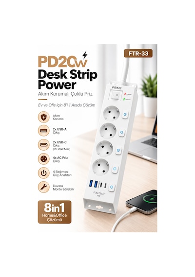 Fulltech Ftr-33 Akım Korumalı 4 Lü Çoklu Priz 3680w 16a, 1050j, 2 Usb-c Pd 20w + 2 Usb-a, Ayrı Ana 2 M