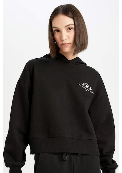 DeFacto Boxy Fit Kapüşonlu Baskılı Kalın Siyah Sweatshirt D6717AX24WNBK81 Siyah