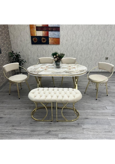 Mutfak Masa Sandalye Takımı Selenit 80-140 Oval Gold 6 Kişilik Benchli Mutfak Masası Takımı Gold Mutfak Masa Sandalye Takımı Selenit 80-140 Oval Gold 6 Kişilik Benchli Mutfak Masası Takımı Gold