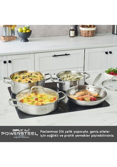 Karaca Power Steel 316+ 3ply Akita İndüksiyon Tabanlı 7 Parça Çelik Tencere Seti Gümüş