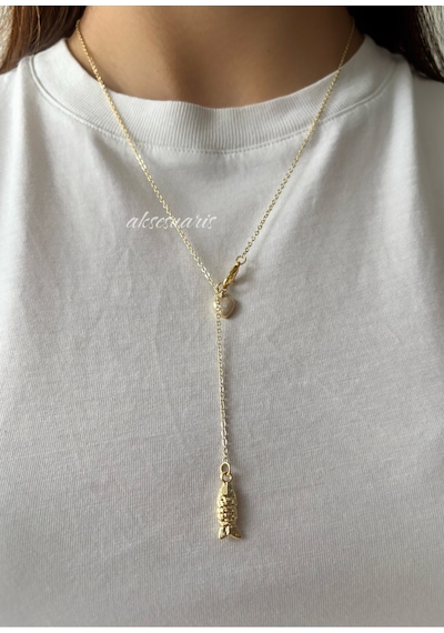 Gold Balık Ve Kalp Detay Dekolte Kolye Sarı Sarı