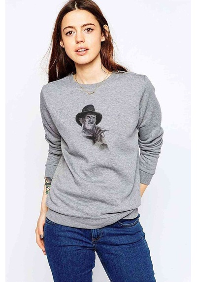 Freddy Krueger Whıte Shadow Baskılı Gri Kadın Sweatshirt