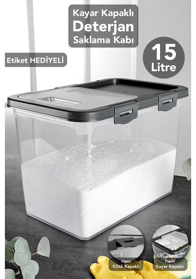 Etiketli Deterjan Saklama Kutusu - 15 Lt Sürgülü Kilitli Kapak Tablet Toz Deterjan Kabı Gri Gri