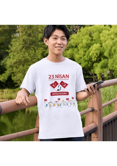 Alpşan Ticaret 23 Nisan Çocuk Bayramı Baskılı Çocuk Tişört 23 Nisan T-shirt 47 Beyaz