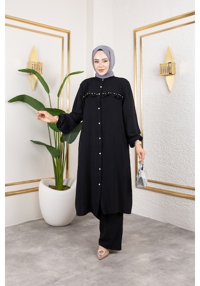 Nevayla Moda Ayrobin Kumaş İnci Detaylı Takım / T105 - Siyah Siyah