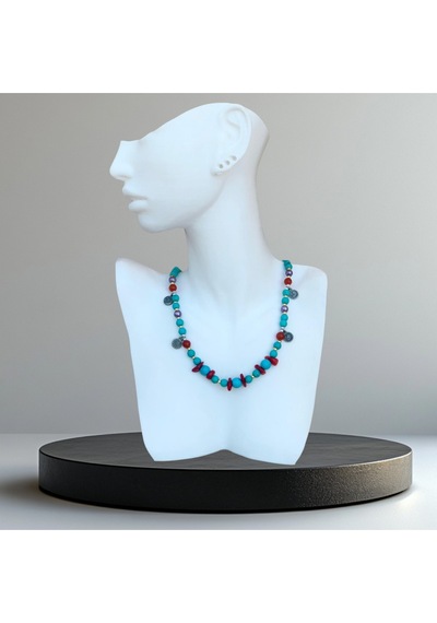 El Yapımı Turkuaz Taşlı Kolye-49 Cm Mavi