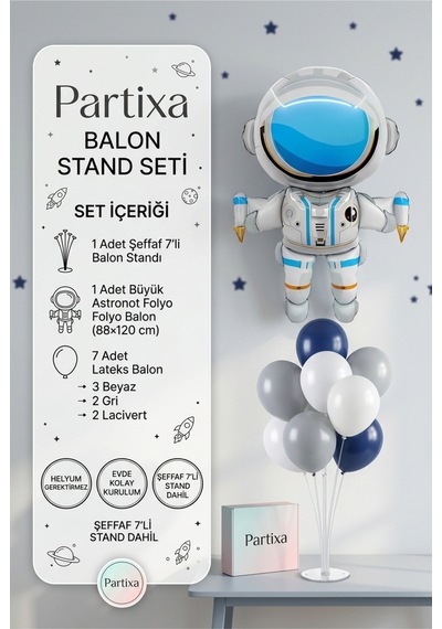 Büyük Astronot Balon Stand Seti Şeffaf 7 Li Stand + Büyük Astronot Folyo Balon 88 120 Cm + 7 Lateks Balon