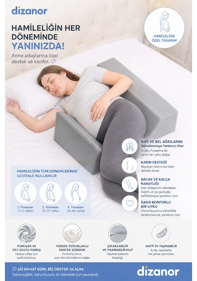 Dizanor Hamile Yan Uyku Destek Yastığı 2 Parça Ayarlanabilir Gebelik Minderi Yıkanabilir Kılıflı