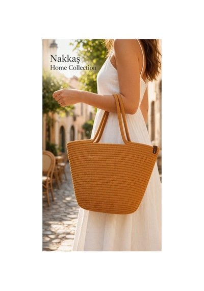 Nakkaş Home Collection Jüt Çanta Kadın Hasır Çanta, Plaj Çantası, Omuz Ve Günlük Kullanım Çantası-sarı-45x30 Cm
