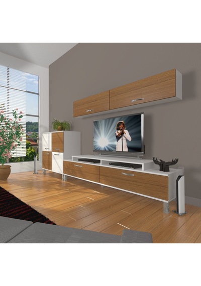 Decoraktiv Ekoflex 6y Slm Krom Ayaklı Tv Ünitesi Tv Sehpası Beyaz - Ceviz