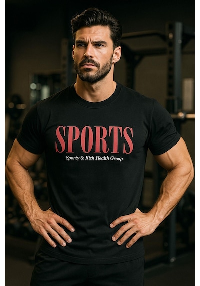 Rich Erkek Siyah Basic T-shirt Baskılı Slim Fit %100 Pamuk Tişört SIYAH