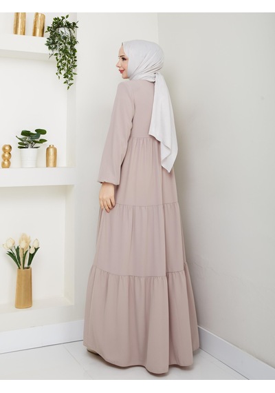 Eslemnur Üç Katlı Büzgü Detaylı Medine İpeği Ferace Bej