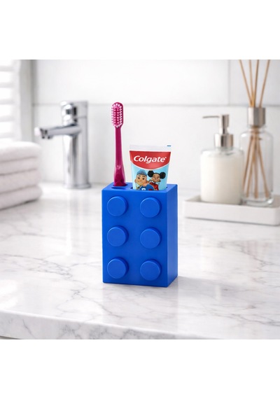 Fibrika Store Brick Tasarım Dekoratif Diş Fırçalık Ve Macun Tutucu Mavi