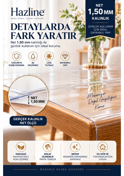 Şeffaf Masa Koruyucu Örtü 1,50 Mm Kalın Pvc Mika Masa Örtüsü Su Geçirmez Çizilmelere Karşı Koruyucu