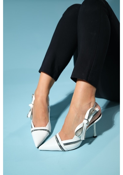 Luvishoes Glen Beyaz Cilt Fermuar Detaylı Kadın Yüksek Topuklu Ayakkabı Beyaz