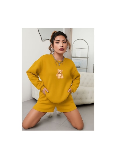 Benroma Ayıcık Baskılı Unisex Sweatshırt Sarı