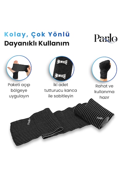 Parlo Siyah Elastik Bandaj 3 Lü Set 10-15-20 Cm %300 Esnek, 4,5 M Ye Kadar Uzayan, Metal Kancalı Bandaj Seti