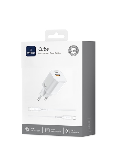 Wiwu Wi-g018 Cube Serisi Type-c To Lightning Gan Tech Pd Hızlı Şarj Kablolu Şarj Seti 33w Beyaz