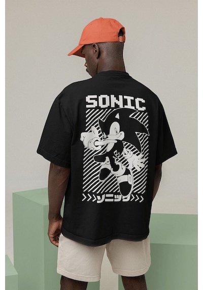 Sonic Çizgi Film Baskılı Unisex Oversize Tişört Siyah