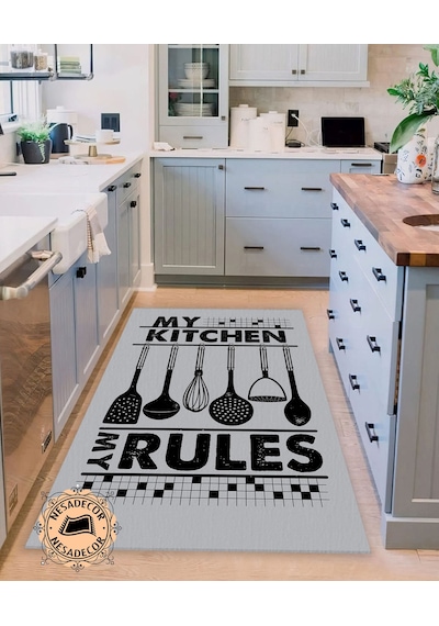 Mutfak Halısı Modern My Kitchen Yazılı Halı Dijital Baskı Makine Gri