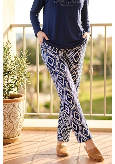 Aura Collections Kadın Desenli Bambu Viskon Uzun Kollu Soft Örme Mevsimlik Pijama Takımı Lacivert