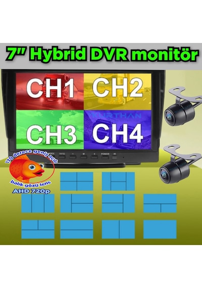 2 Adet Ledsiz Ahd 720p 170'' Balık Gözü Lens Kelebek Kamera 256 Gb 7 İnç Hybrid Dvr Monitör 12 Volt