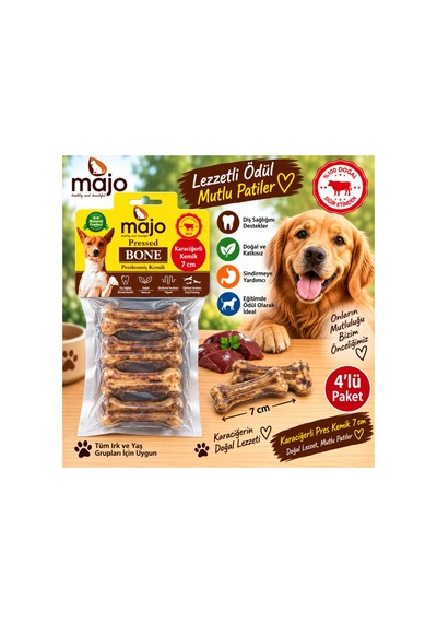 Majo Karaciğerli Pres Kemik 7 Cm 4 Lü Paket Köpek Çiğneme Ödülü Doğal Sığır Eti