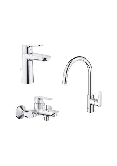 Grohe Baudge Set, Spiralli Eviye Bataryası 30536000 Banyo Bataryası 23605000 Lavabo Bataryası 23758000 Krom
