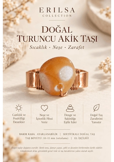 Sertifikalı Doğal Turuncu Akik Taşı Yüzük Bakır Kasa Ayarlanabili Çok renkli