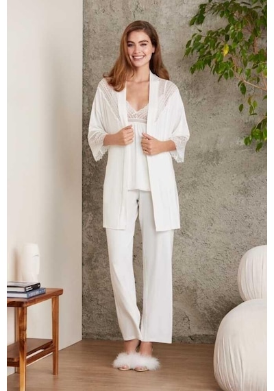 Pierre Cardin 2820 Kadın Ekru Dantelli Penye 3'lü Sabahlıklı Pijama Takım 001