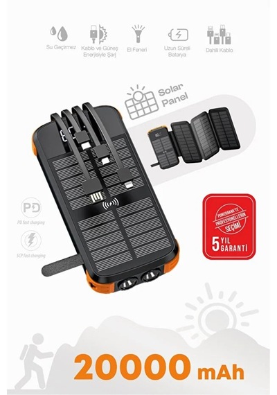 Kensa Güneş Enerjili Powerbank 20.000 Mah Hızlı Şarj Led Göstergeli Dahili Kablo Solar Şarj Cihazı Siyah - Turuncu