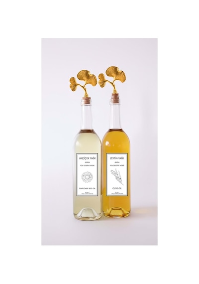 Altın Ginkgo Akıtmaz Tıpalı Dibi Çukur Şeffaf Cam Şişe 2'li 750 Ml Yağdanlık Yağlık Çok Renkli