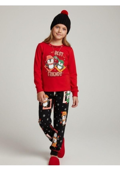 Kız Çocuk Pamuklu Best Friends Penguen Baskılı Pijama Takımı-16822 Kırmızı