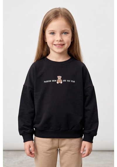 Fullamoda Ayıcık Baskılı Oversize Kız Çocuk Sweatshirt Siyah